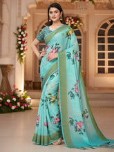 Women's Linen Light Blue Printed DesignerSaree With Blouse Piece